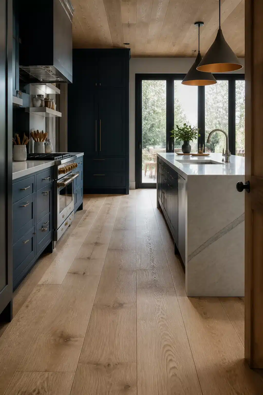 Wide-plank oak floor kitchen with navy cabinets, marble island, and wood ceiling — Wood Kitchen Ideas