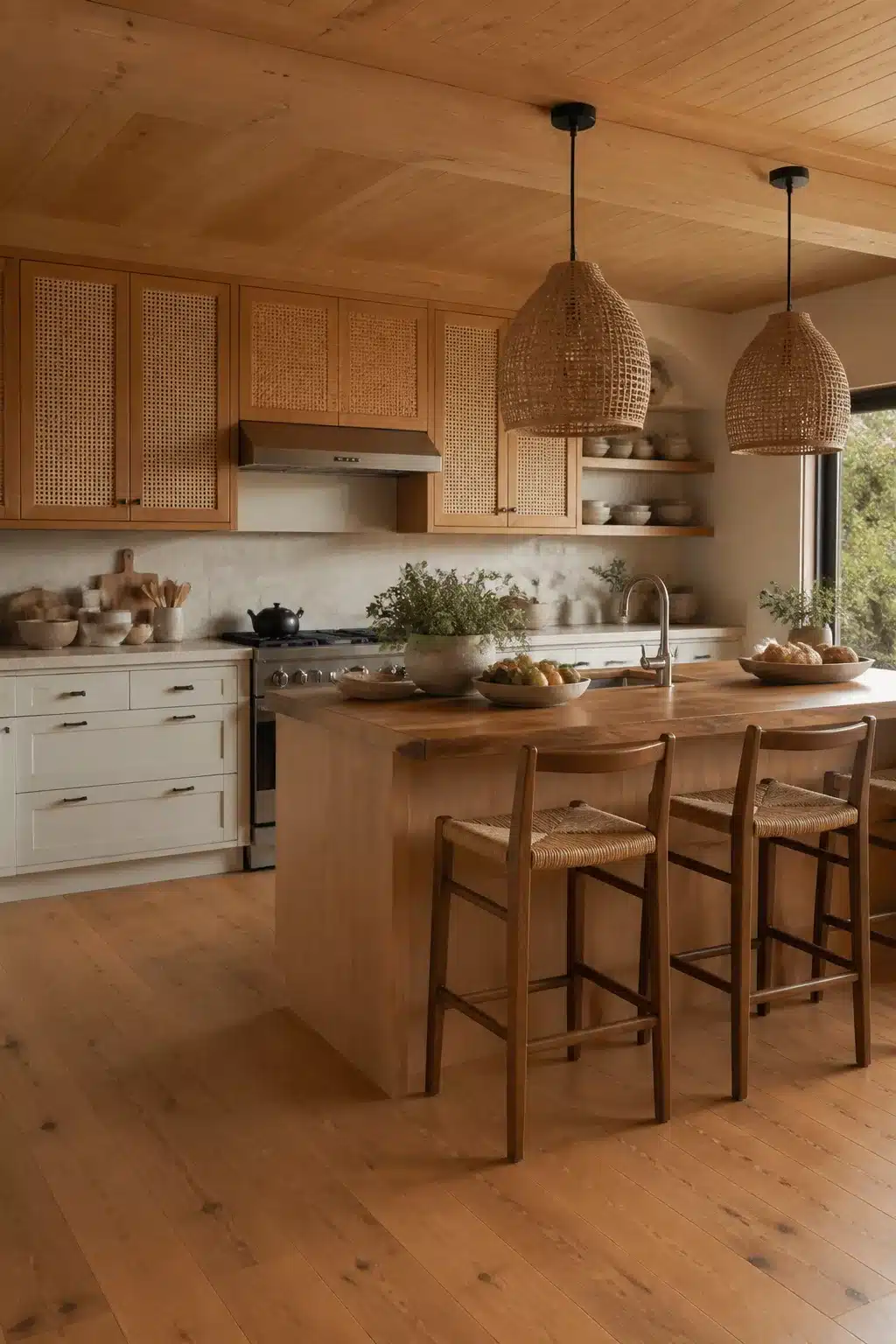 Wood kitchen ideas with cane-front oak cabinets, woven pendant lights, cream lower cabinets, and wide-plank floors
