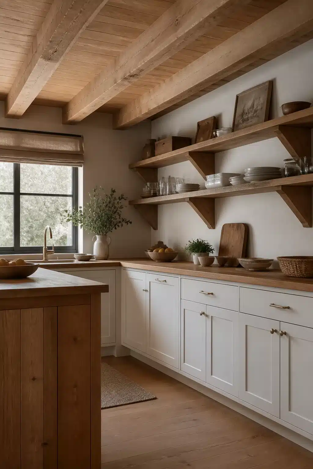 Wood kitchen ideas with exposed ceiling beams, butcher block counters, and white shaker cabinets
