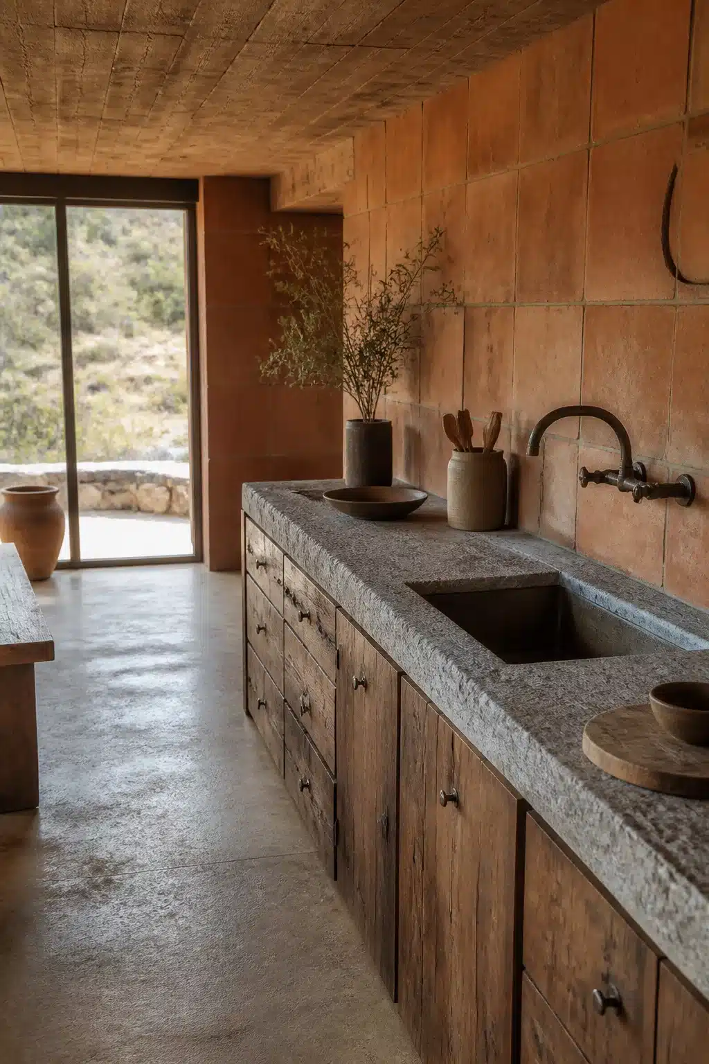 Reclaimed wood kitchen cabinets with rough stone countertop and terracotta walls — wood kitchen ideas