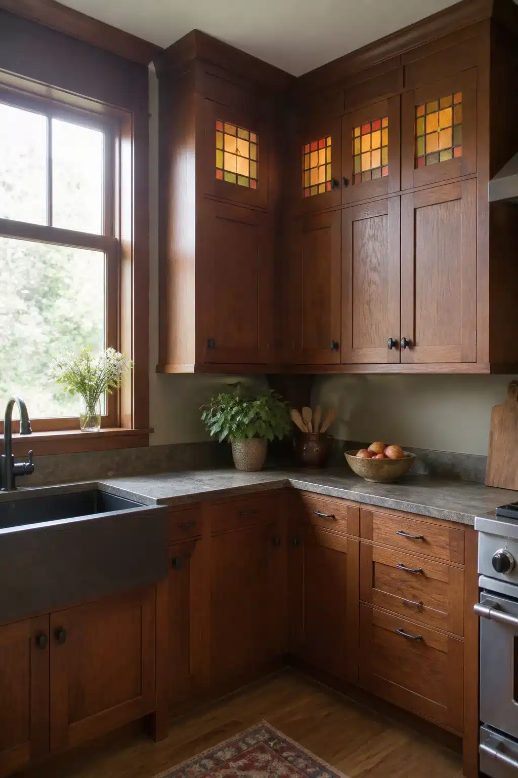 Quarter-sawn oak wood kitchen ideas with stained glass cabinet panels, honed stone countertops, and apron sink