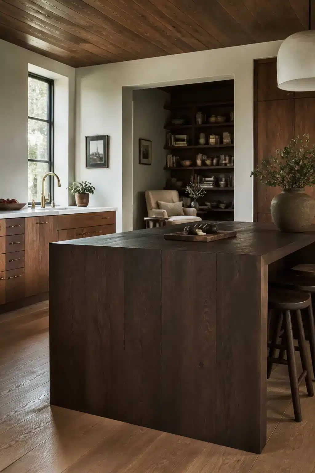 Dark smoked oak waterfall island in a warm wood kitchen — wood kitchen ideas with plaster walls and brass fixtures