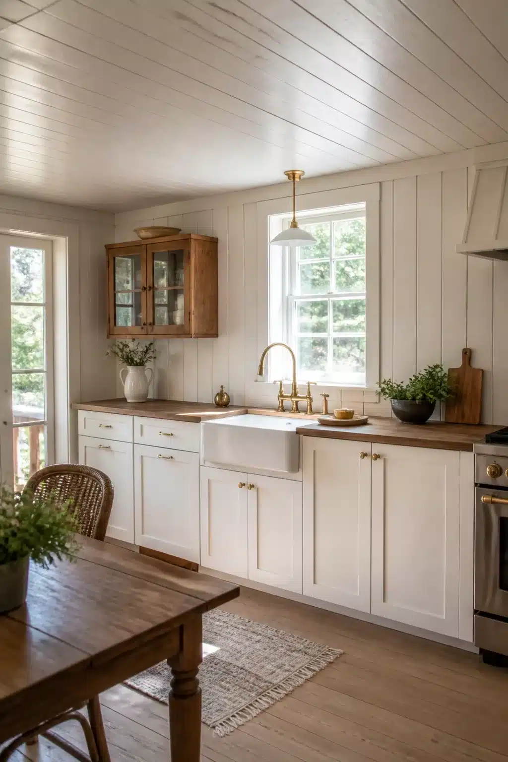 White shiplap ceiling with brass hardware and farmhouse sink — wood kitchen ideas for a warm cottage look