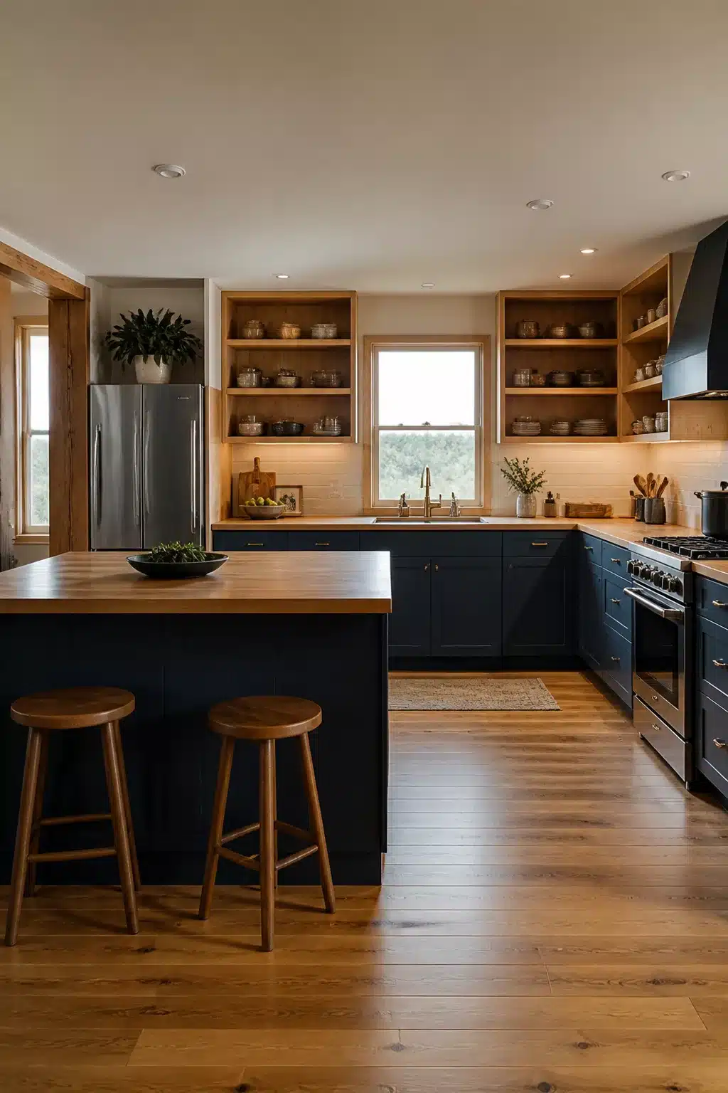 Navy lower cabinets with butcher block island and open wood shelving — wood kitchen ideas