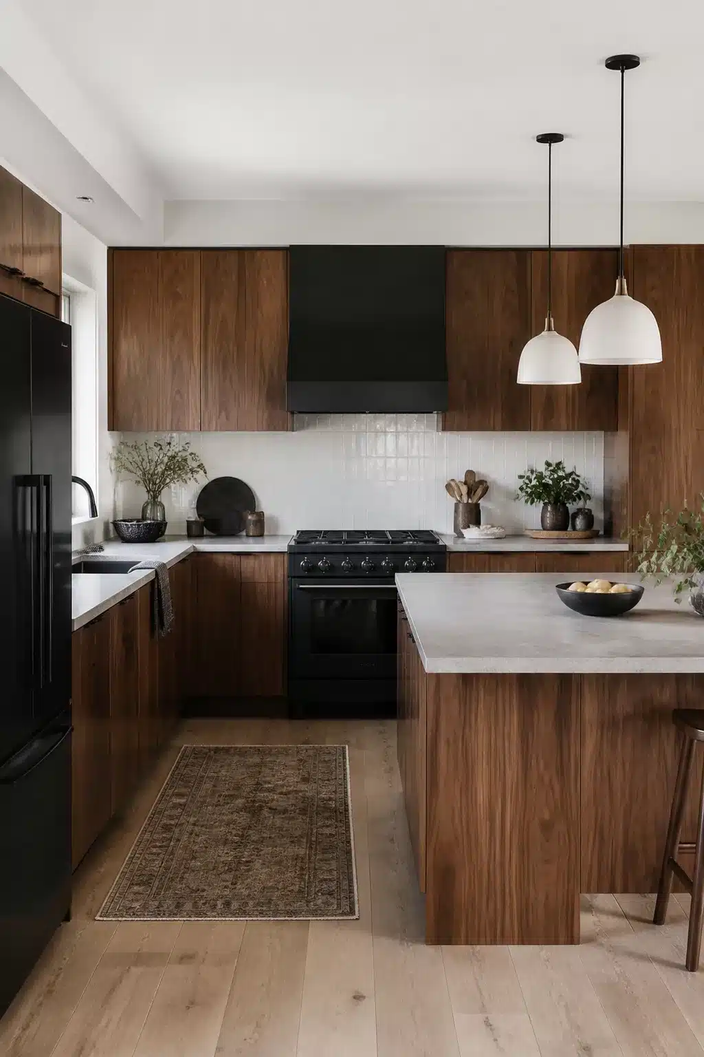 Wood kitchen with black appliances featuring walnut flat-front cabinets, matte black range, and gray stone countertops