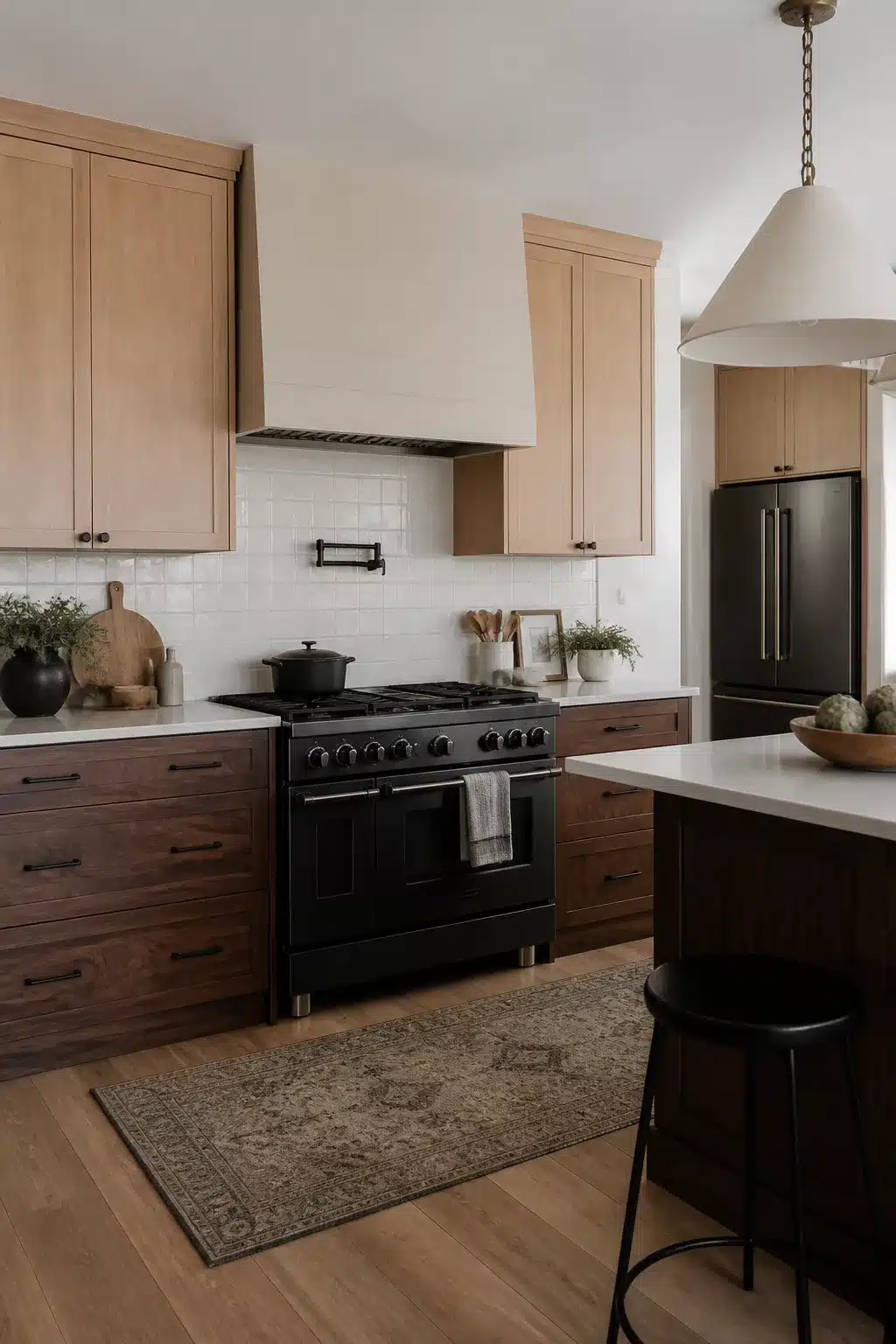Two-tone wood kitchen with black appliances featuring light upper cabinets, dark lower cabinets, and a black professional range