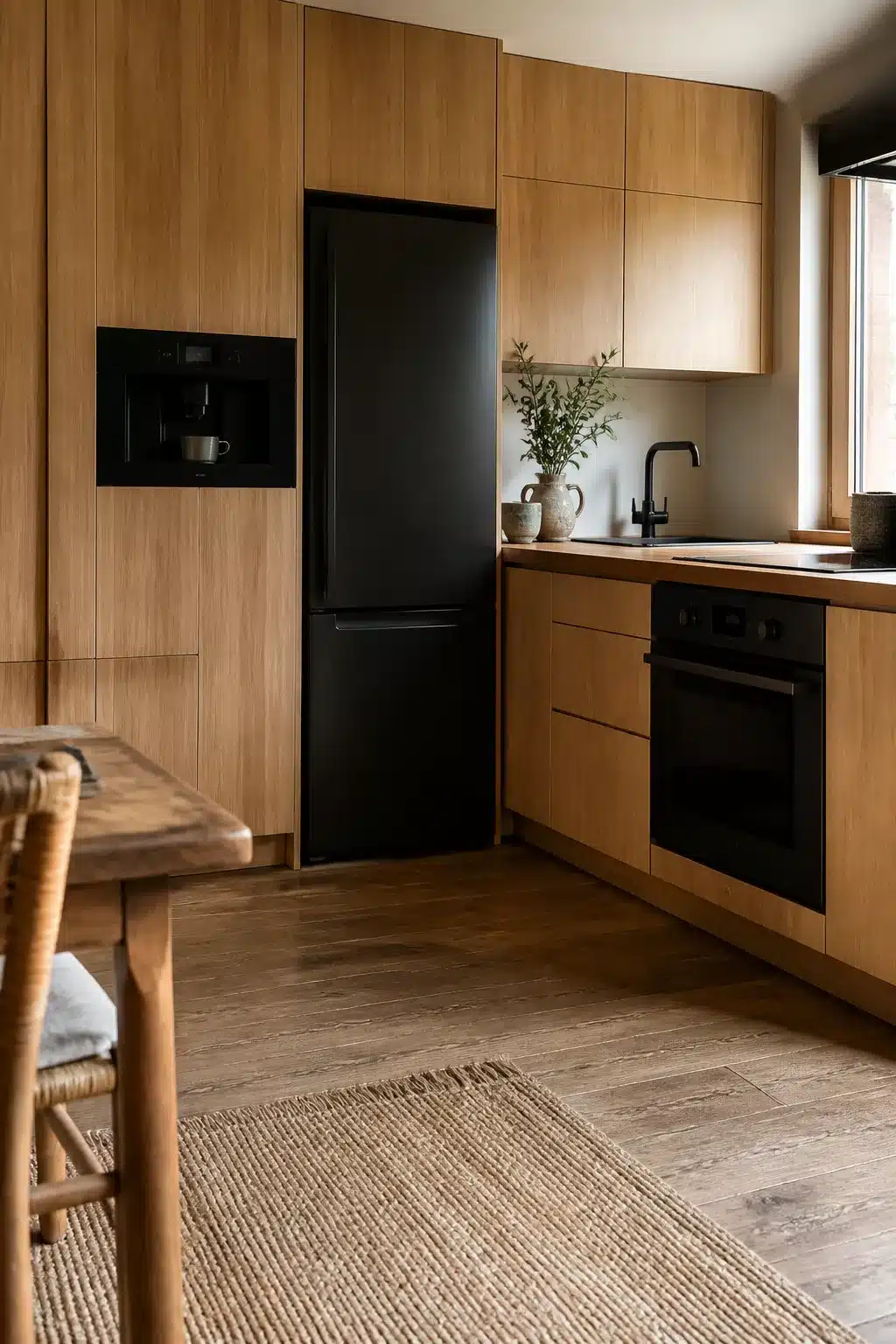 Wood kitchen with black appliances featuring flat-front oak cabinets, matte black fridge-freezer, and built-in coffee machine