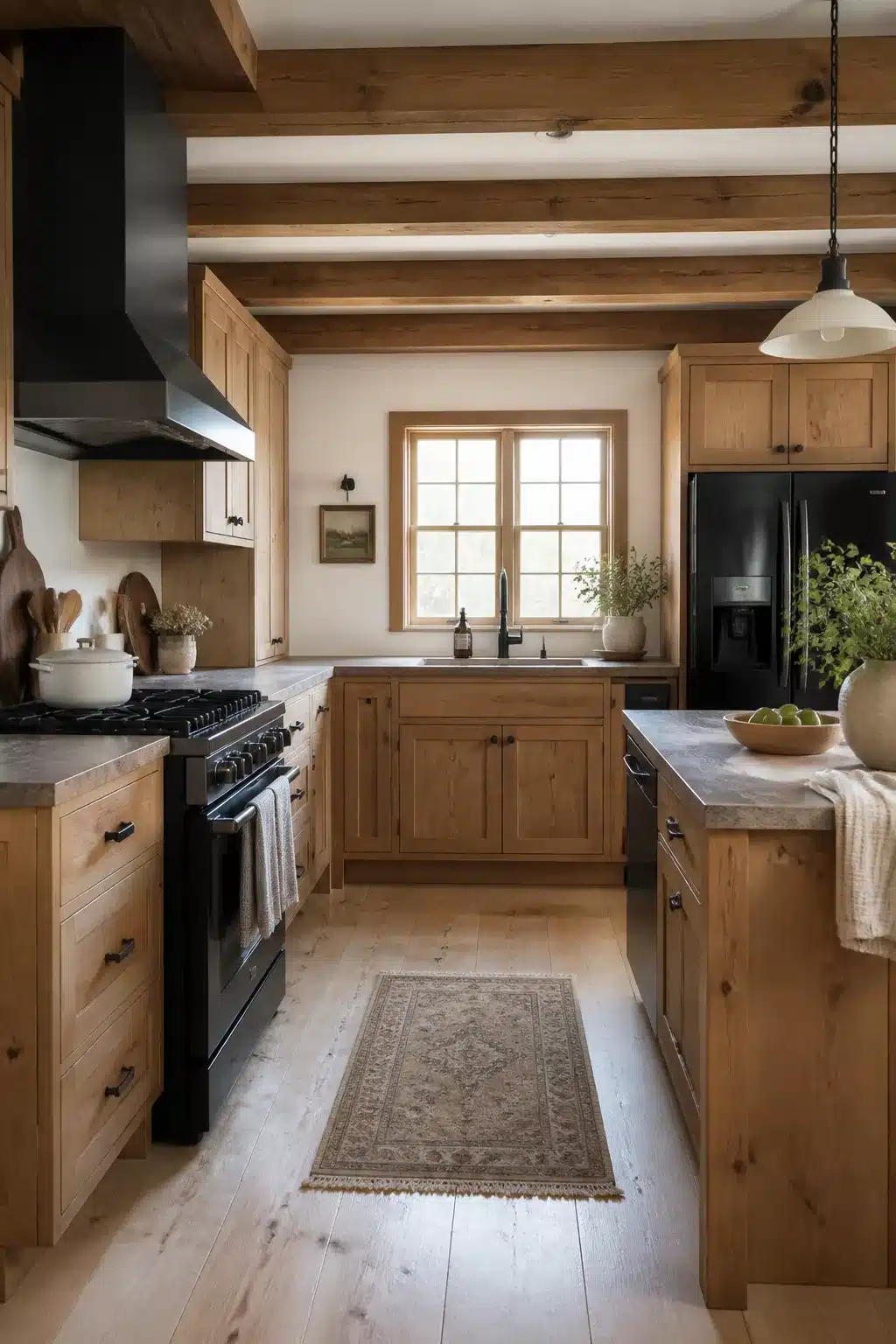 Rustic wood kitchen with black appliances including freestanding range, hood, and refrigerator with knotty oak cabinets
