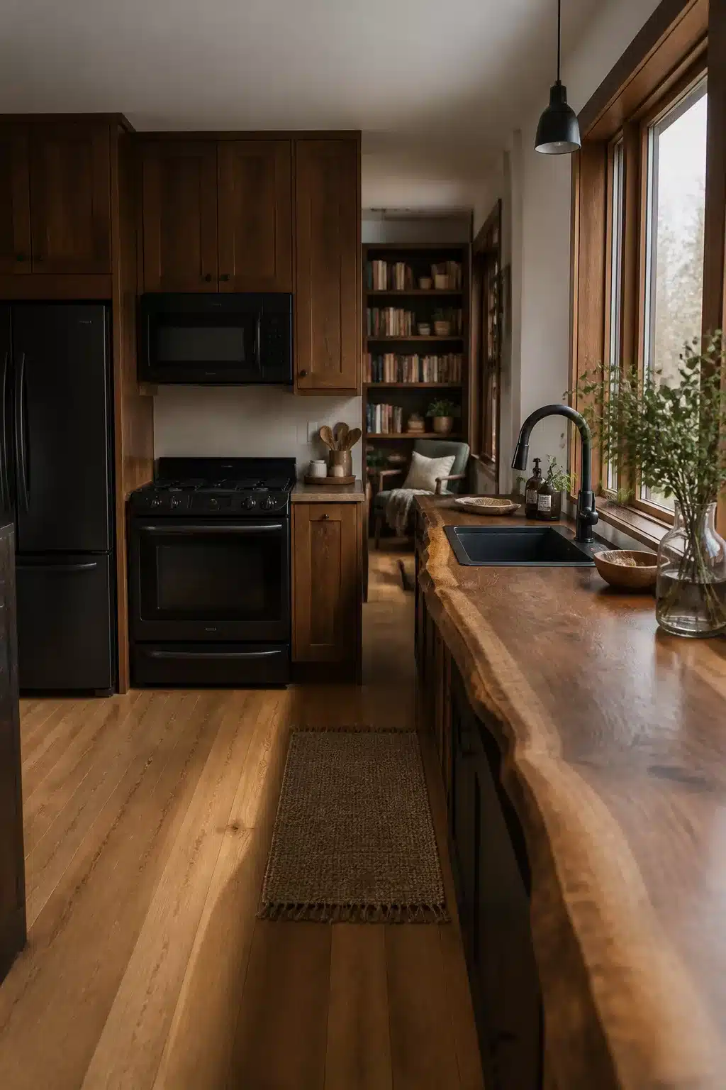 Wood kitchen with black appliances featuring a live edge walnut countertop, dark cabinets, and black appliance suite