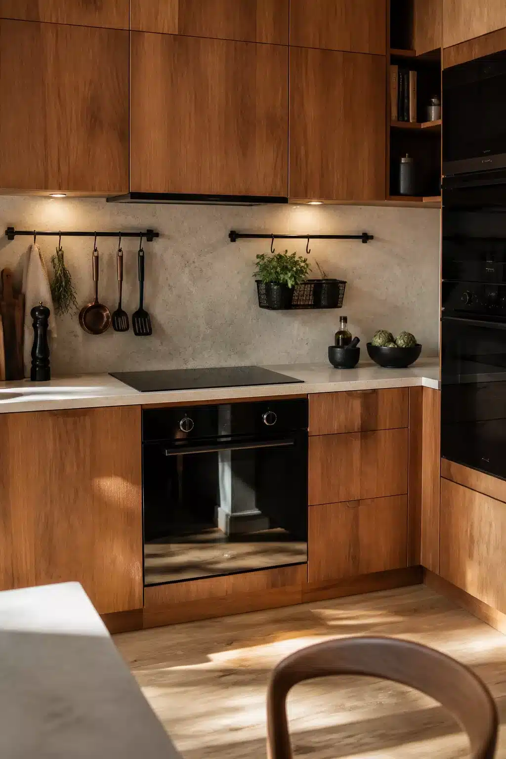 Teak wood kitchen with black appliances including flush induction cooktop and built-in oven with concrete backsplash