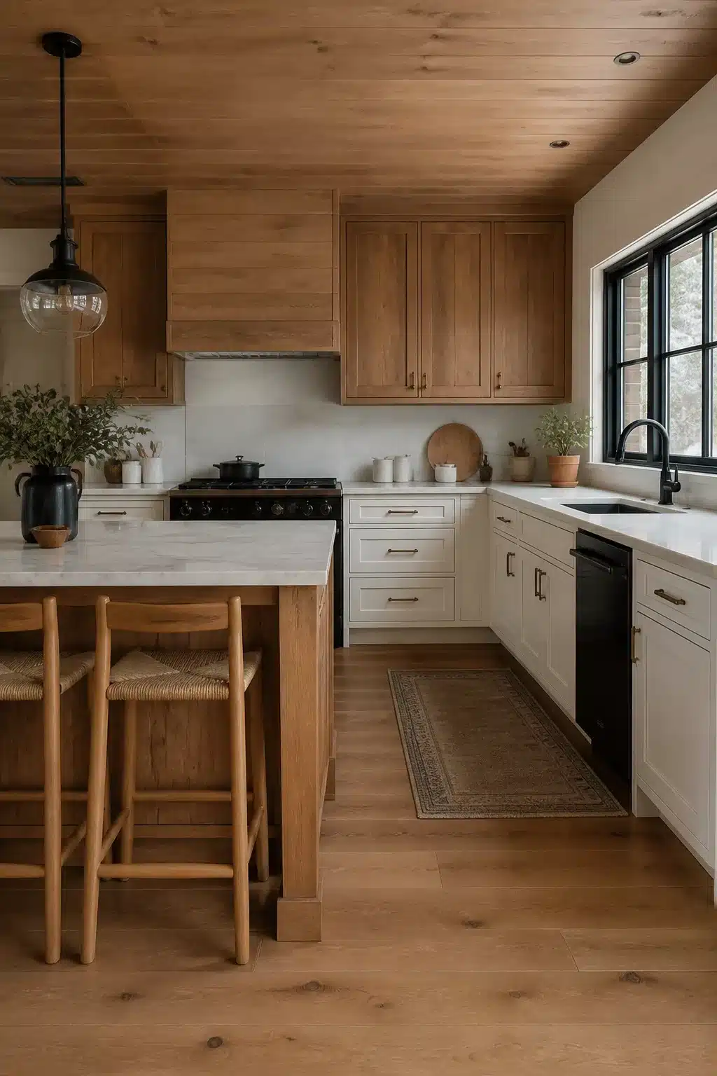Wood kitchen with black appliances featuring cream lower cabinets, oak uppers, wood ceiling and black gas range