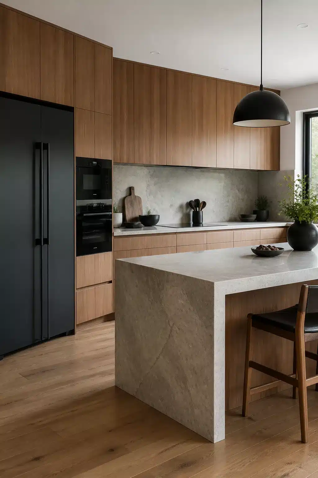 Handleless wood kitchen with black column refrigerator and built-in ovens, stone waterfall island, warm oak cabinets