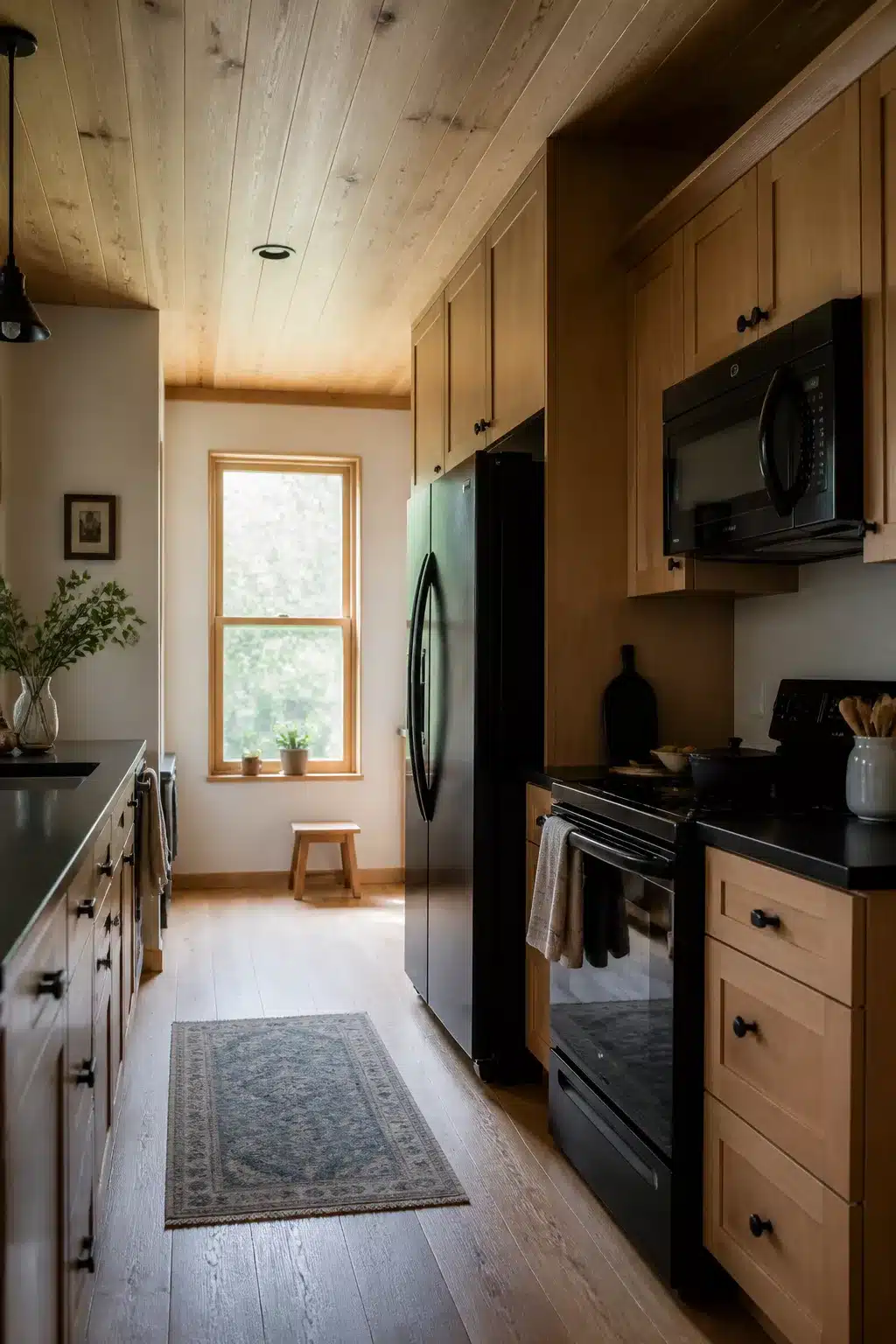 Light maple galley wood kitchen with black appliances on one wall, wood plank ceiling, and black countertops