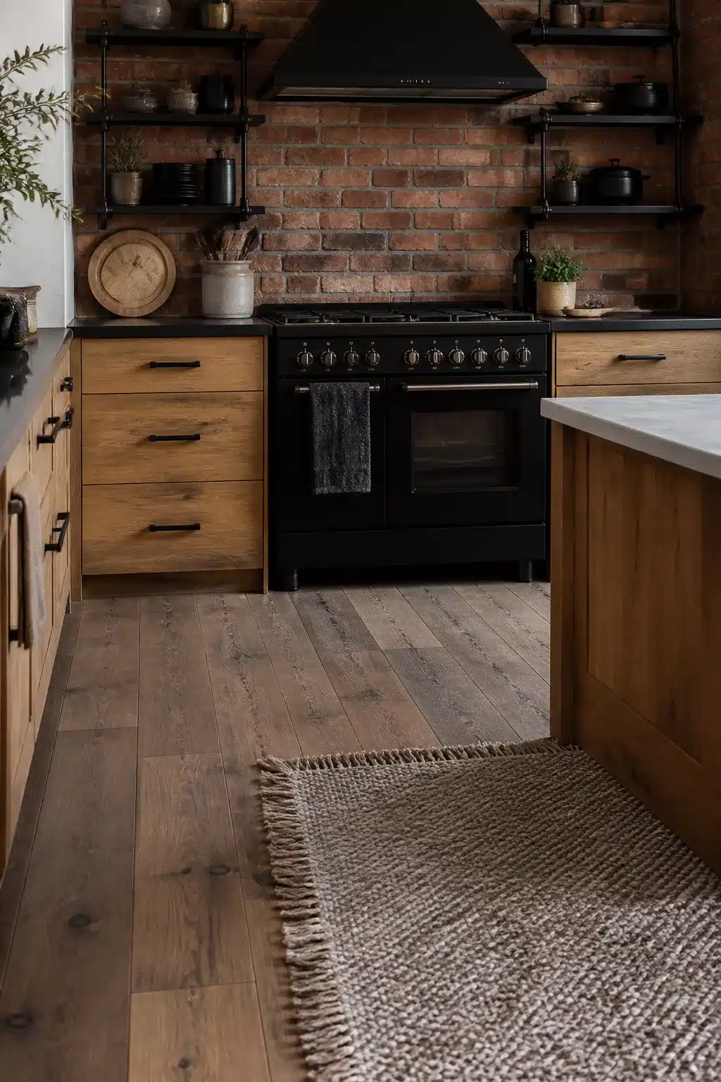 Wood kitchen with black appliances featuring warm oak cabinets, exposed brick backsplash, and black freestanding range