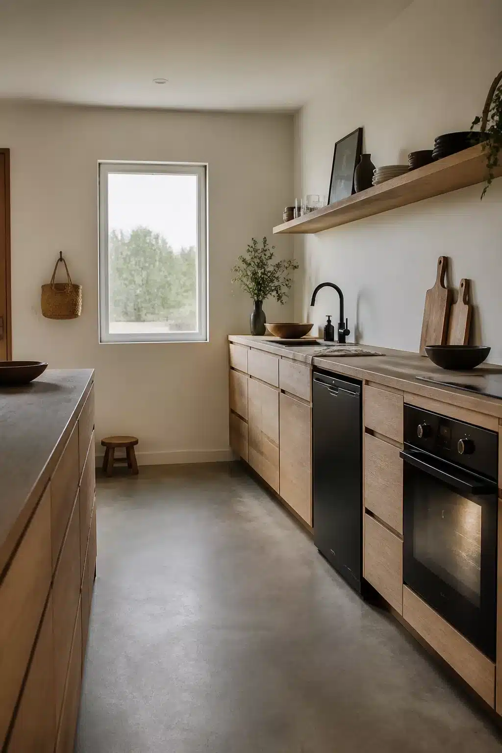 Light oak flat-front wood kitchen with black appliances including matte black oven and dishwasher on concrete floors