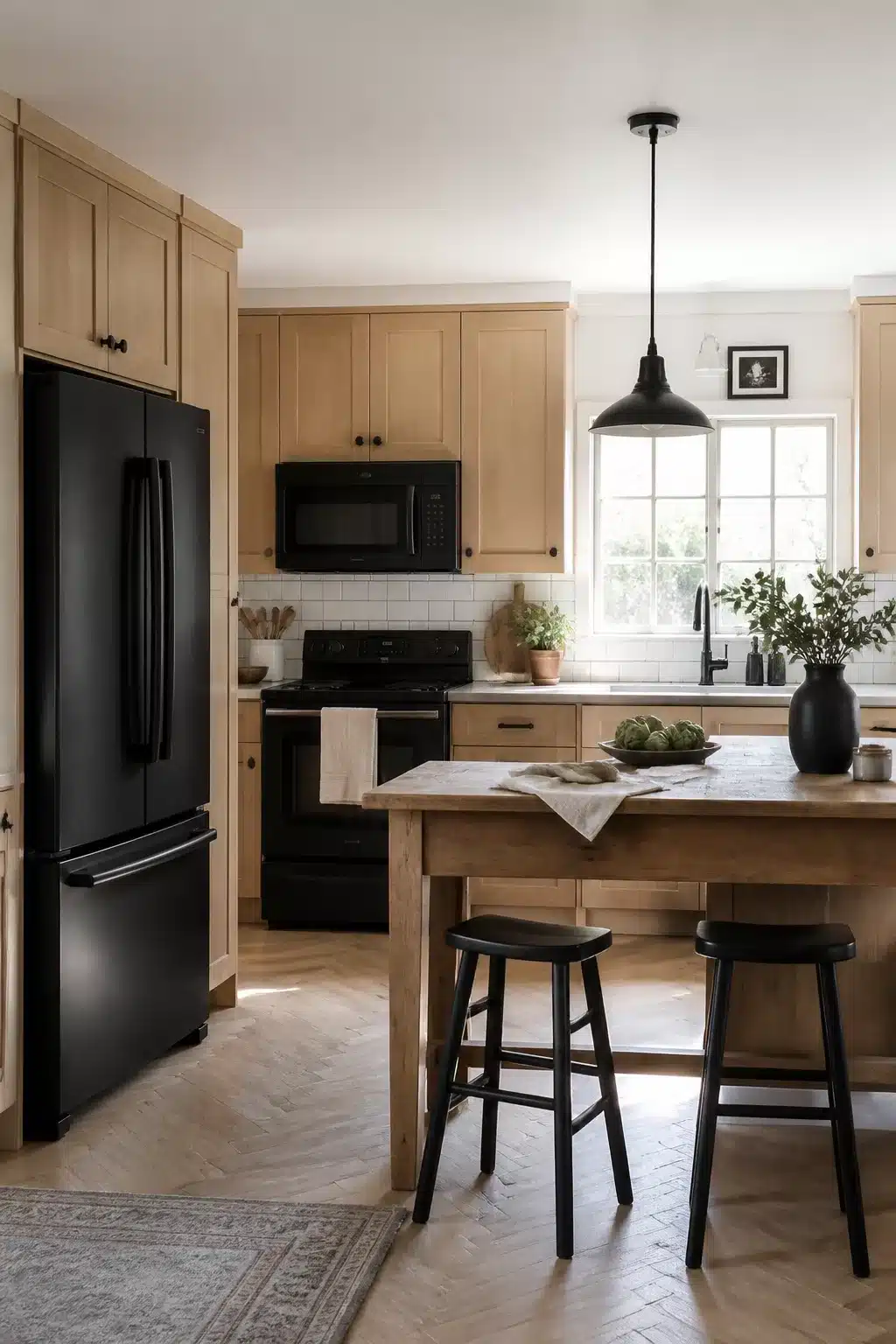 Pale ash shaker wood kitchen with black appliances including French door refrigerator and herringbone floor