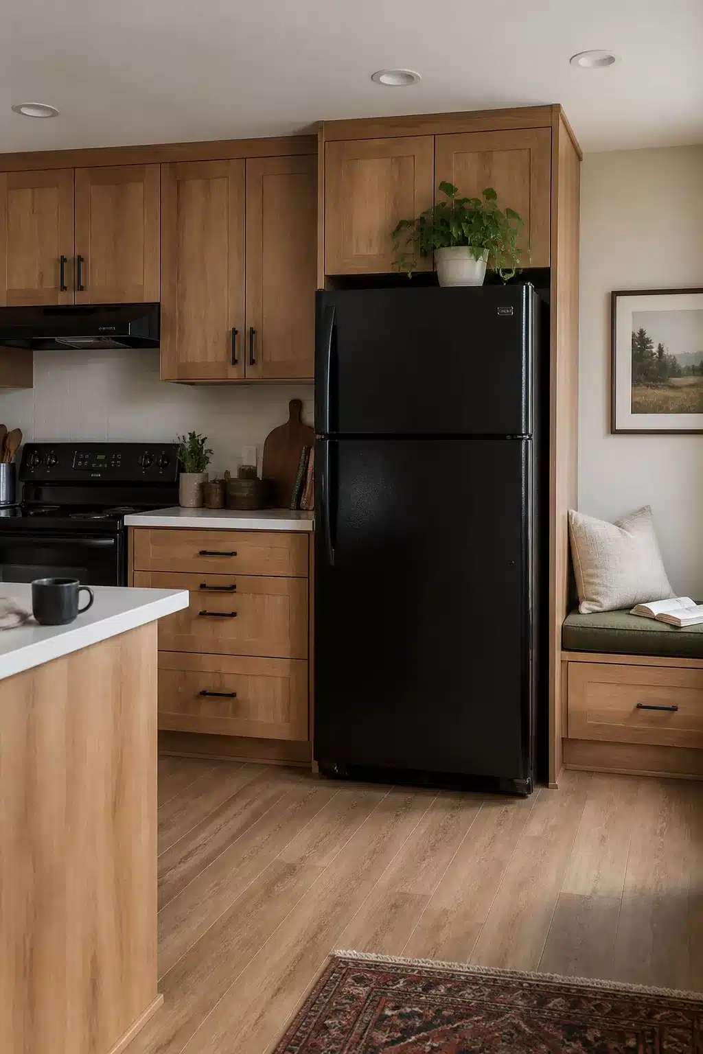 Wood grain laminate kitchen with black top-freezer refrigerator, black range, and warm honey cabinets
