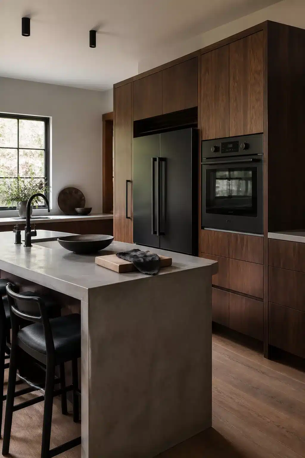 Dark walnut wood kitchen with black appliances including matte steam oven and concrete island countertop