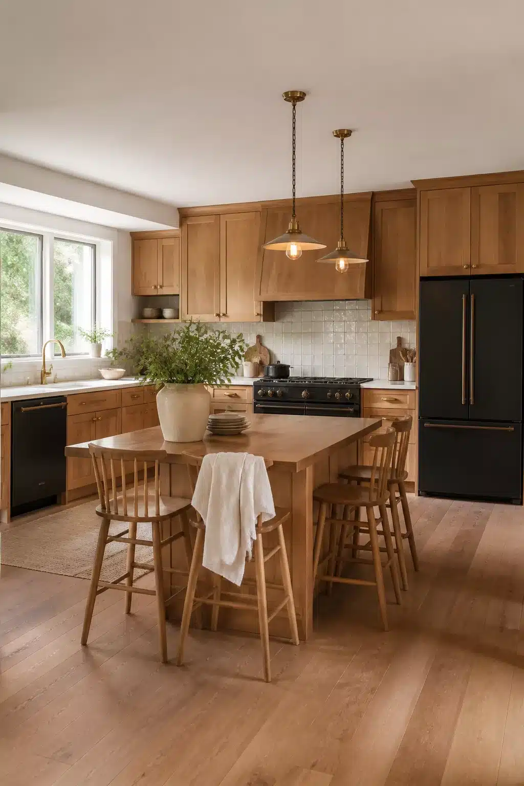 Wood kitchen with black appliances, honey shaker cabinets, butcher block island, brass pendants and black gas range