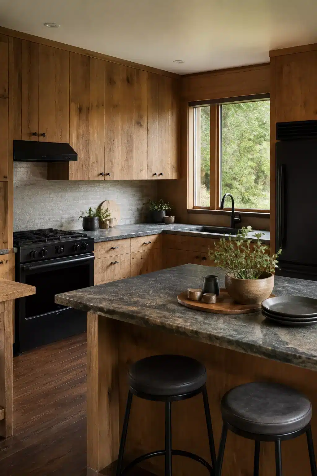 Outdoor-inspired wood kitchen with black appliances, knotty wood cabinets, stone counters, and black gas range