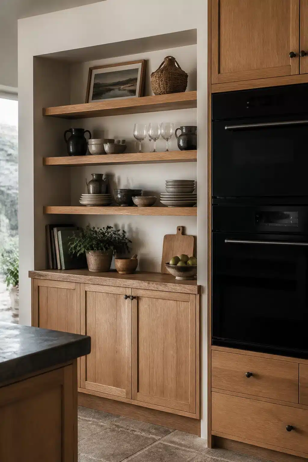 Honey oak wood kitchen with black built-in double oven and open alcove shelving displaying ceramics and glassware