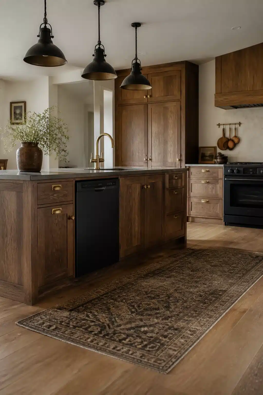 Smoked oak wood kitchen with black appliances — matte black dishwasher panel, brass hardware, and industrial pendants