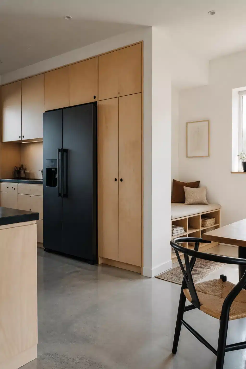 Light birch plywood wood kitchen with black appliances including a matte black side-by-side refrigerator and concrete floors