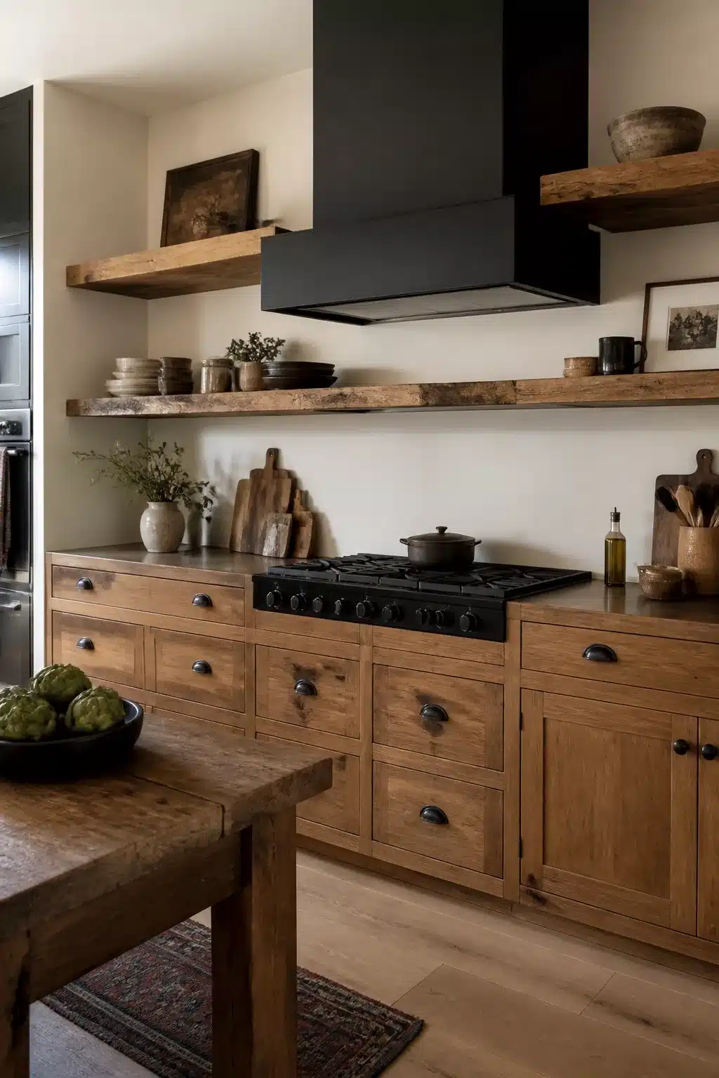 Reclaimed wood floating shelves and black chimney range hood in a warm wood kitchen with black appliances