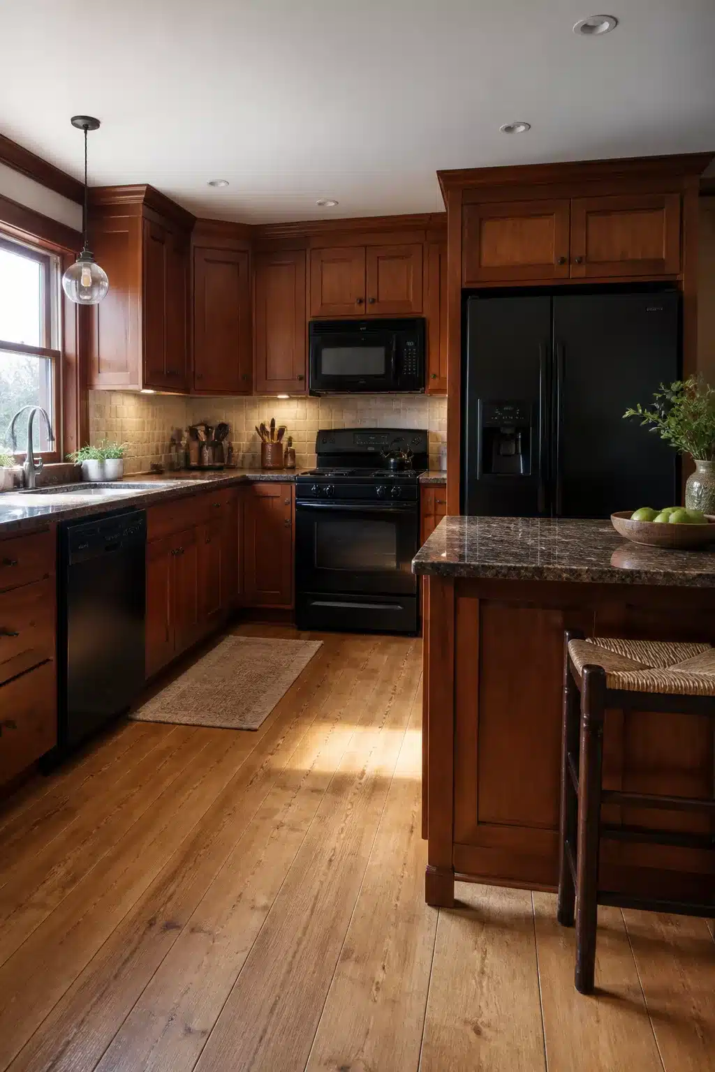 Cherry wood kitchen with black appliances including range, refrigerator, and dishwasher, with wide-plank hardwood floors