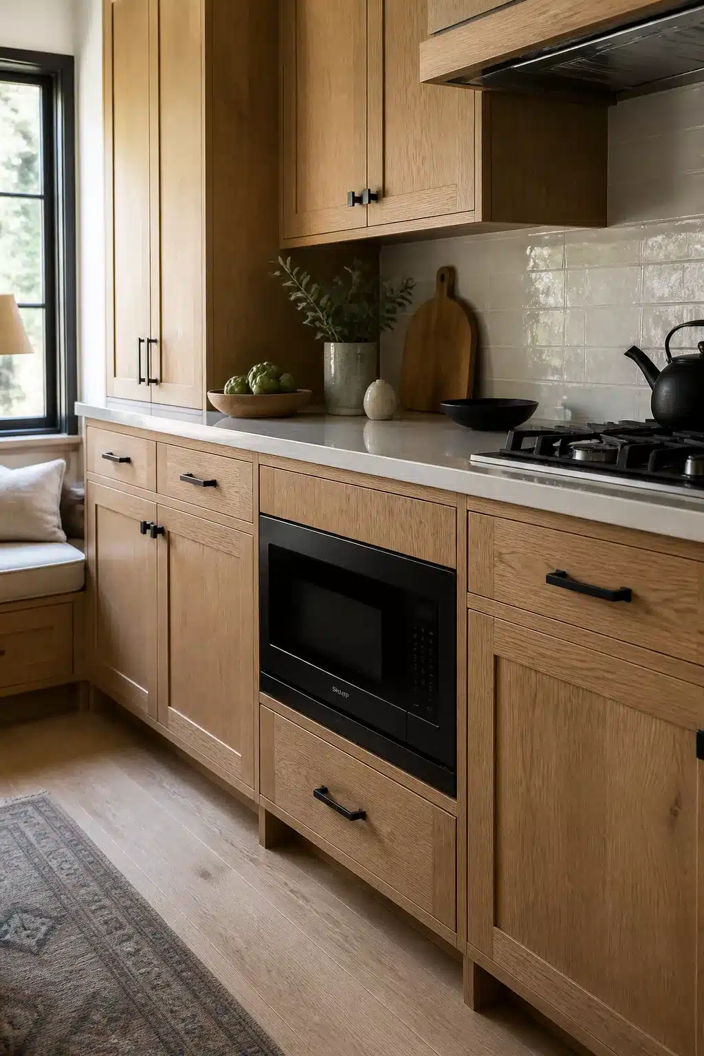 Natural oak shaker wood kitchen with black appliances including a matte black microwave drawer in base cabinet