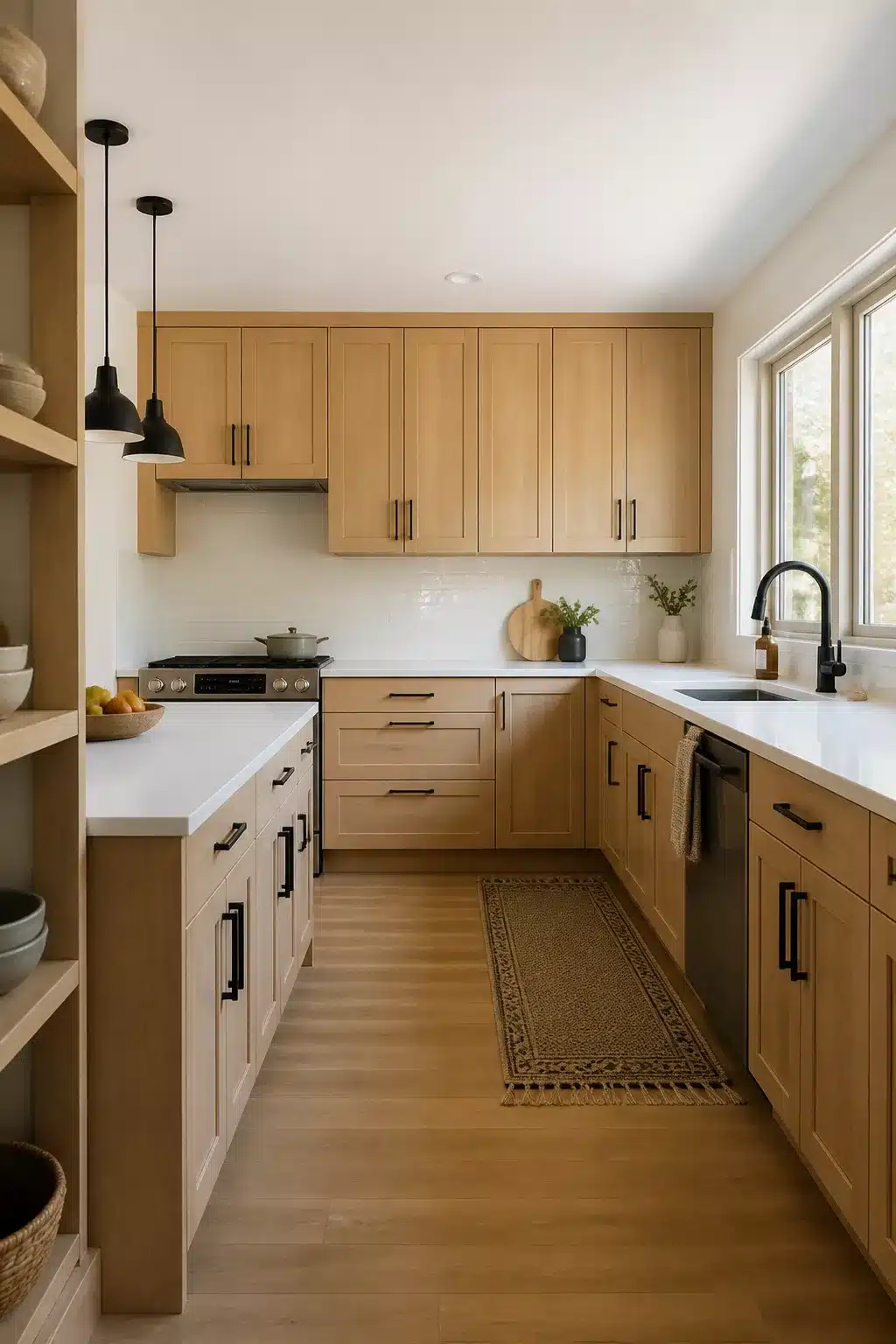 Pale oak wood kitchen with black hardware bar pulls, white quartz counters, and black pendant lights