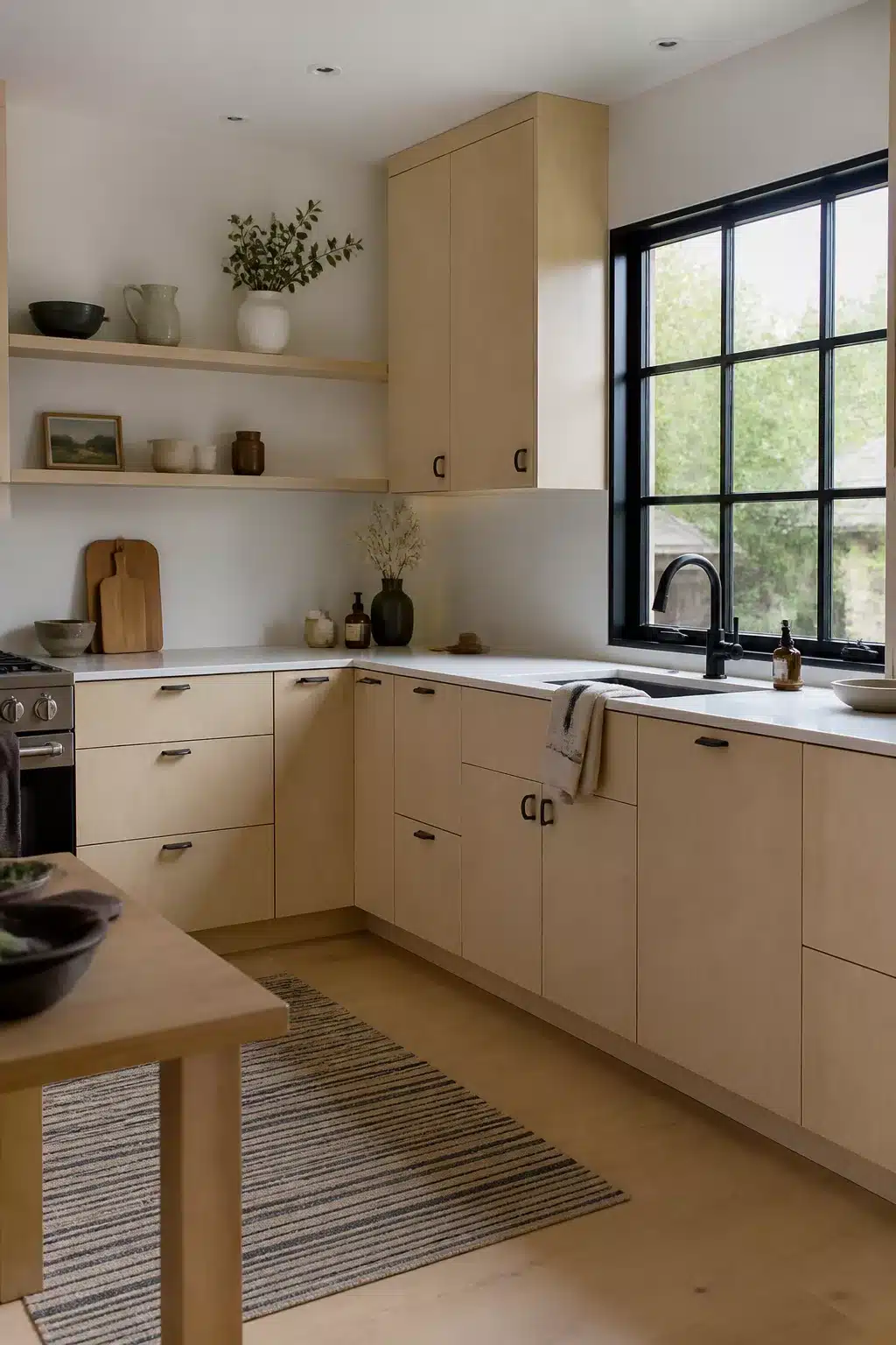 Light birch wood kitchen with black grid window and black hardware pulls — wood kitchens with black hardware idea