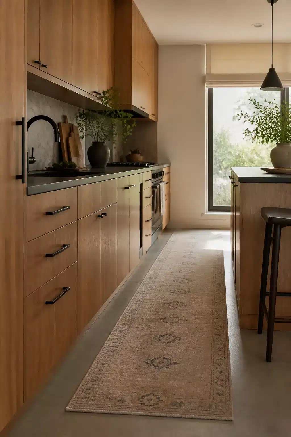 Warm teak galley kitchen with black hardware, arched faucet, dark countertops, and a vintage runner rug.