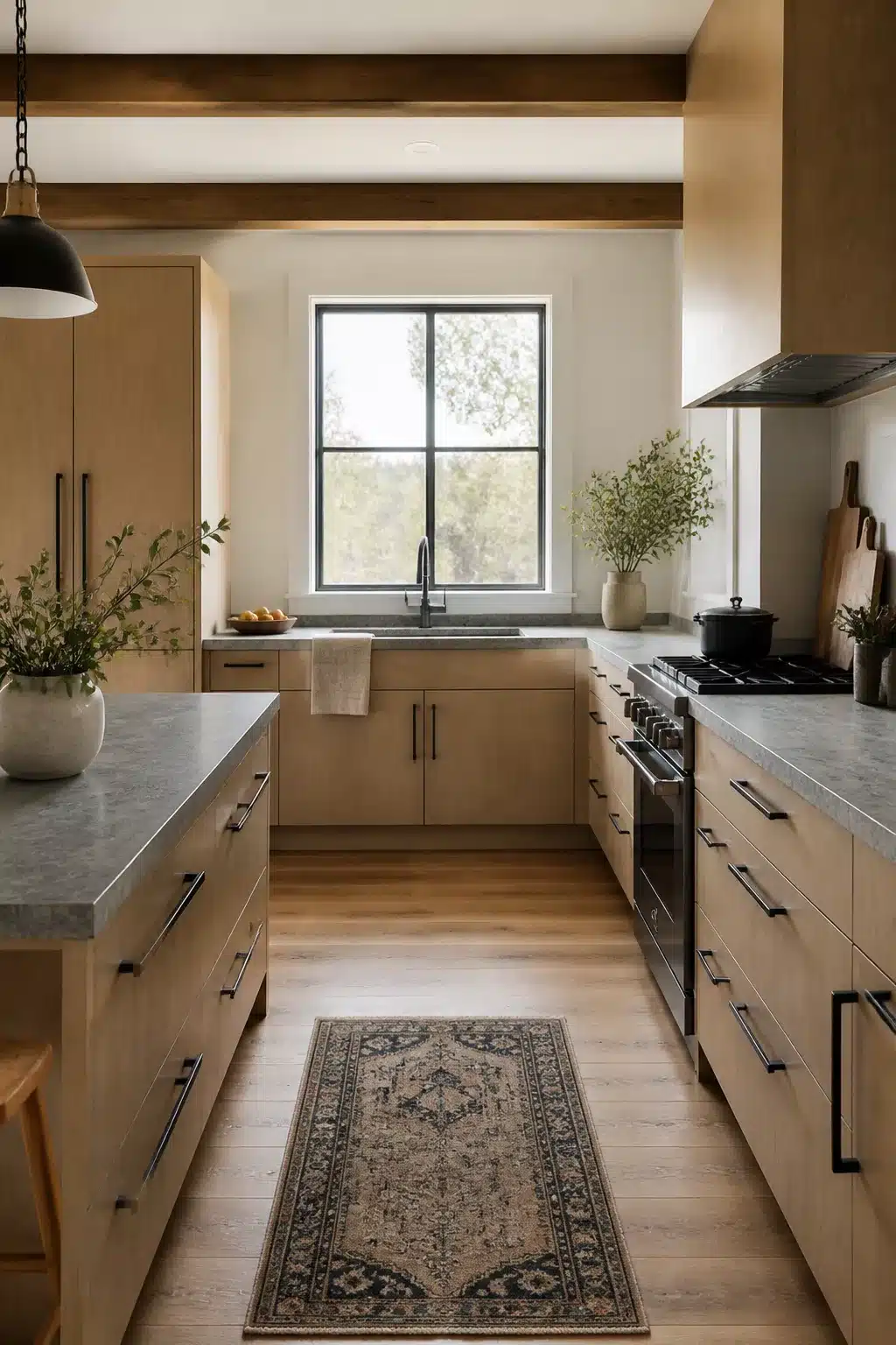 Wood kitchen with black hardware featuring light oak flat-front cabinets, honed concrete counters, and black bar pulls