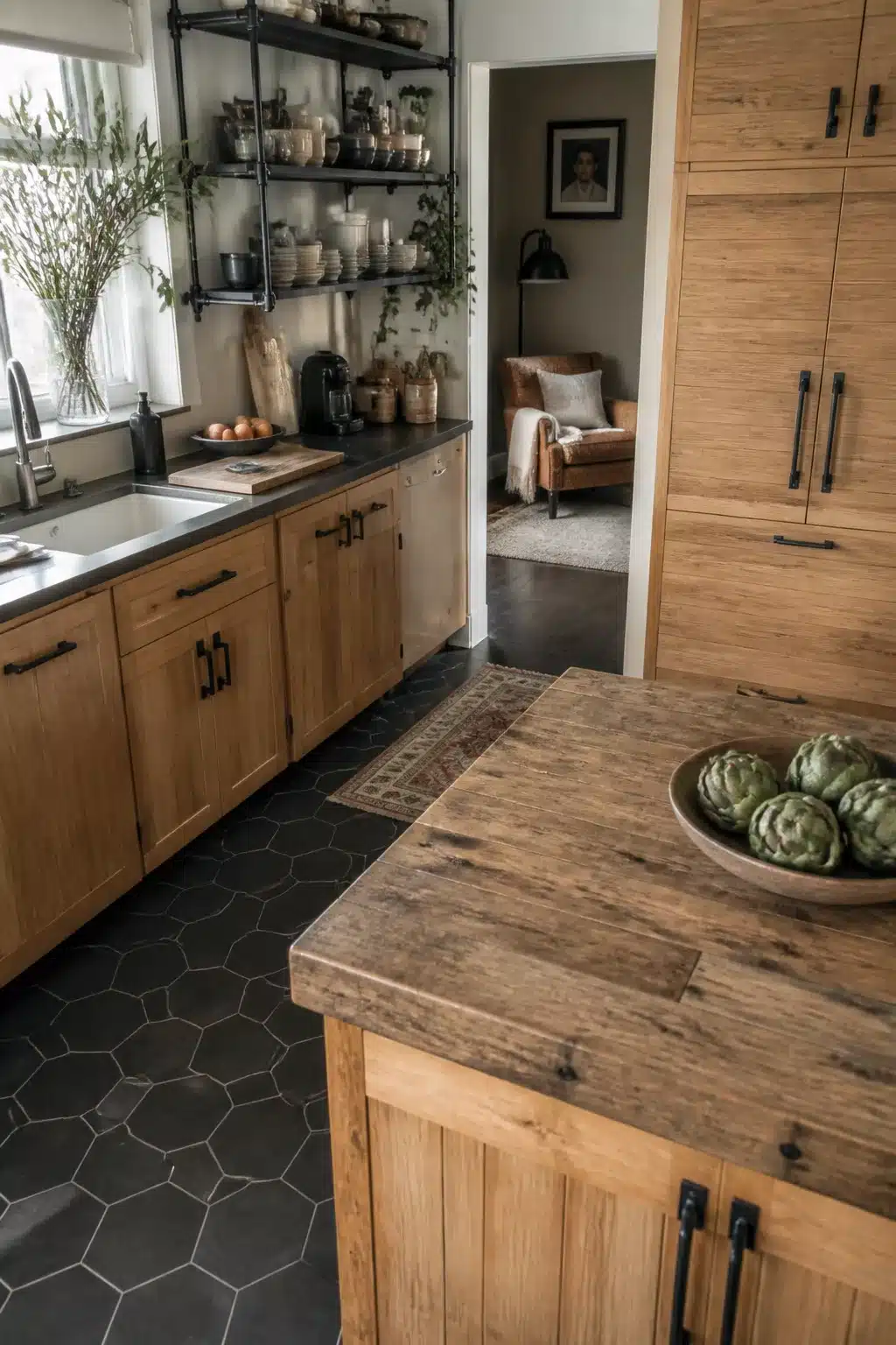 Wood kitchen with black hardware featuring reclaimed island top, oak cabinets, and black hexagon tile floor