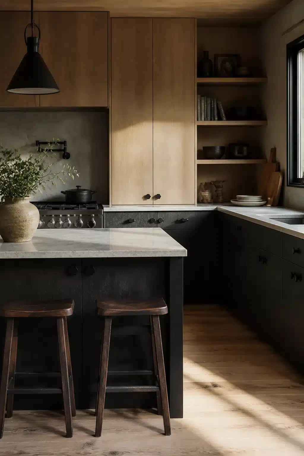 Wood kitchens with black hardware featuring ebonized lower cabinets, natural oak uppers, and matte black ring pulls