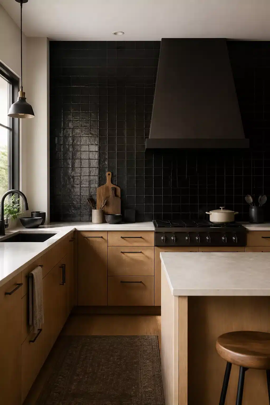 Light wood cabinets with black square tile backsplash and black hardware — wood kitchens with black hardware idea