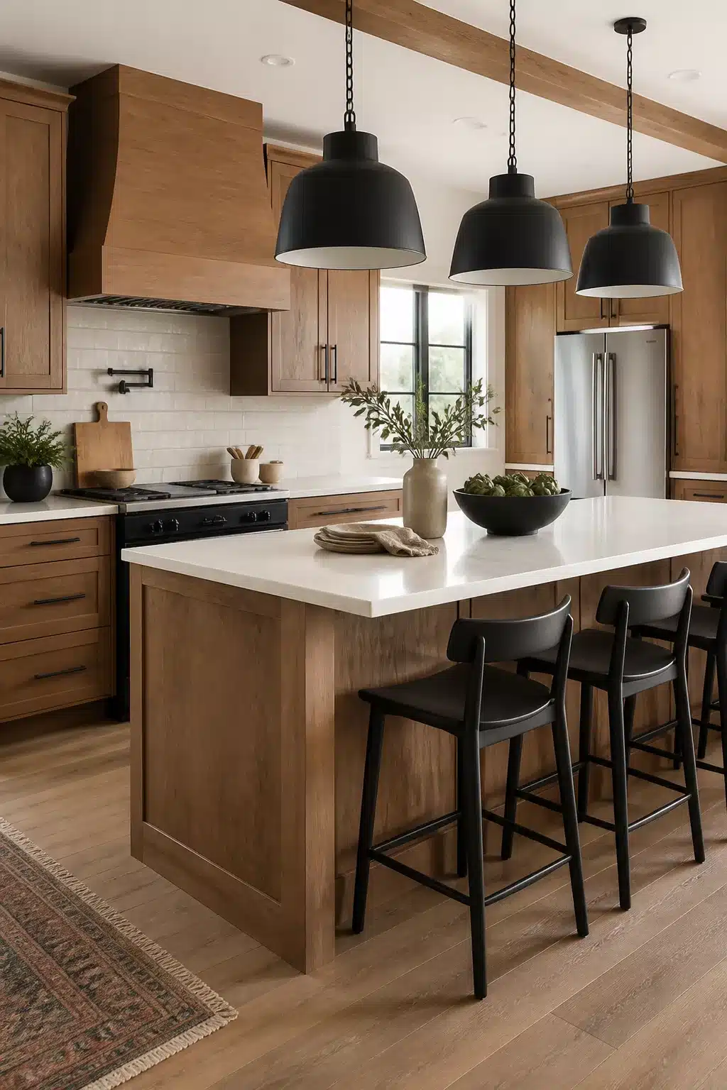 Wood kitchen with black hardware featuring oak cabinets, black dome island pendants, and white quartz countertop