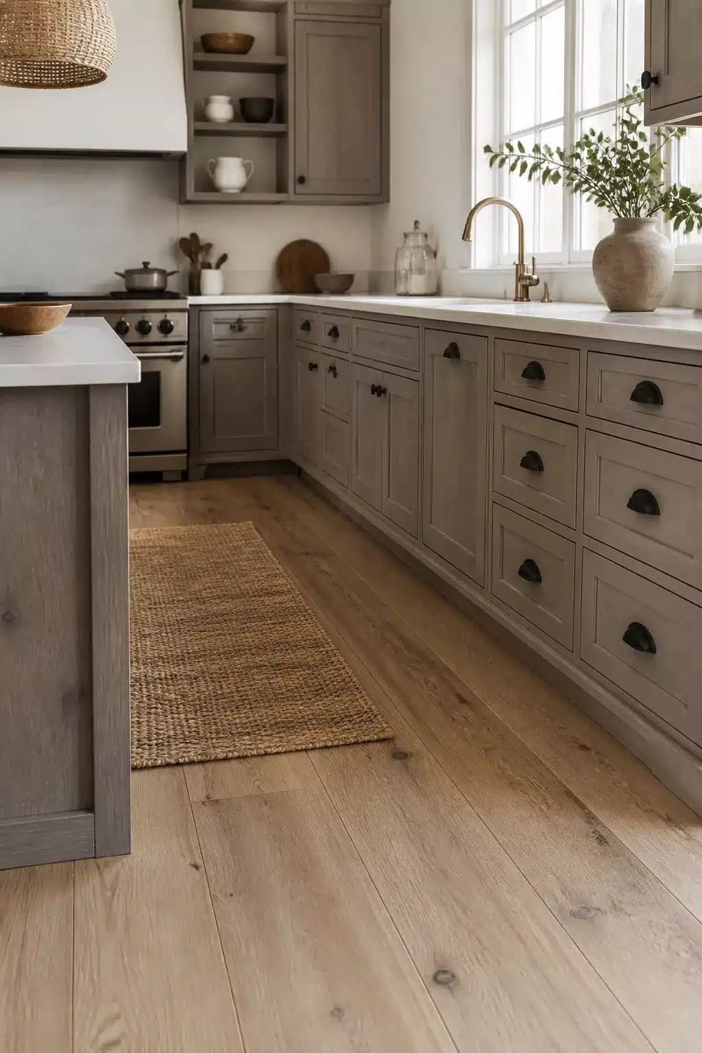 Driftwood gray wood kitchen with black cup pull hardware, brass faucet, and wide-plank oak floors — Wood Kitchens With Black Hardware