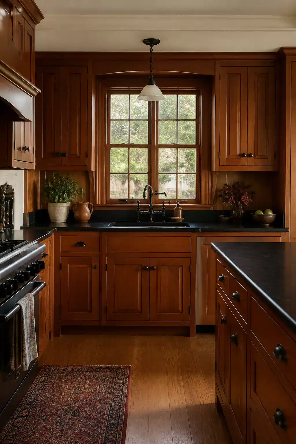 Cherry wood kitchen with black soapstone counters and black hardware — warm traditional wood kitchens with black hardware idea