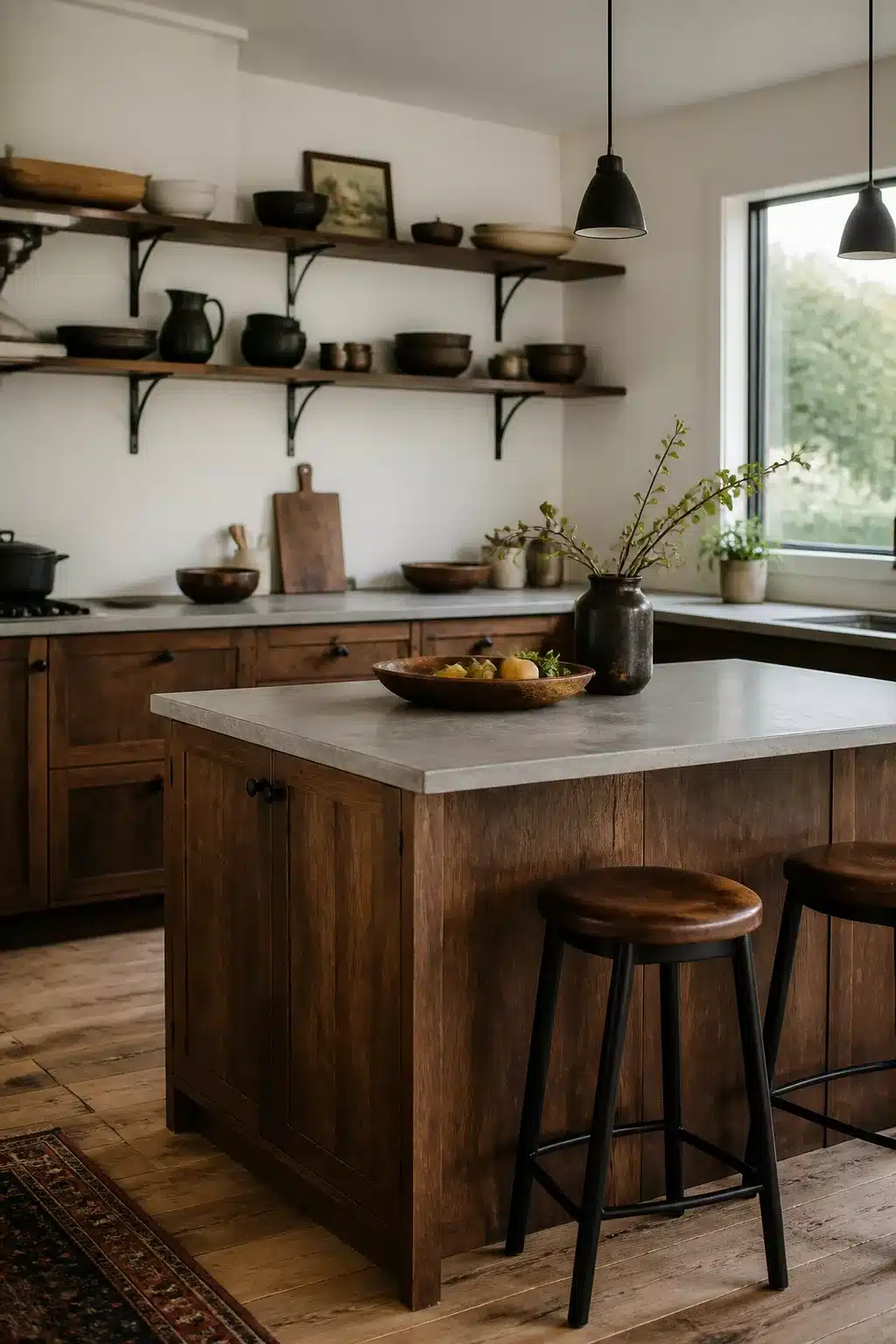 Dark walnut wood kitchen with black hardware, open shelving, concrete counters, and black pendant lights