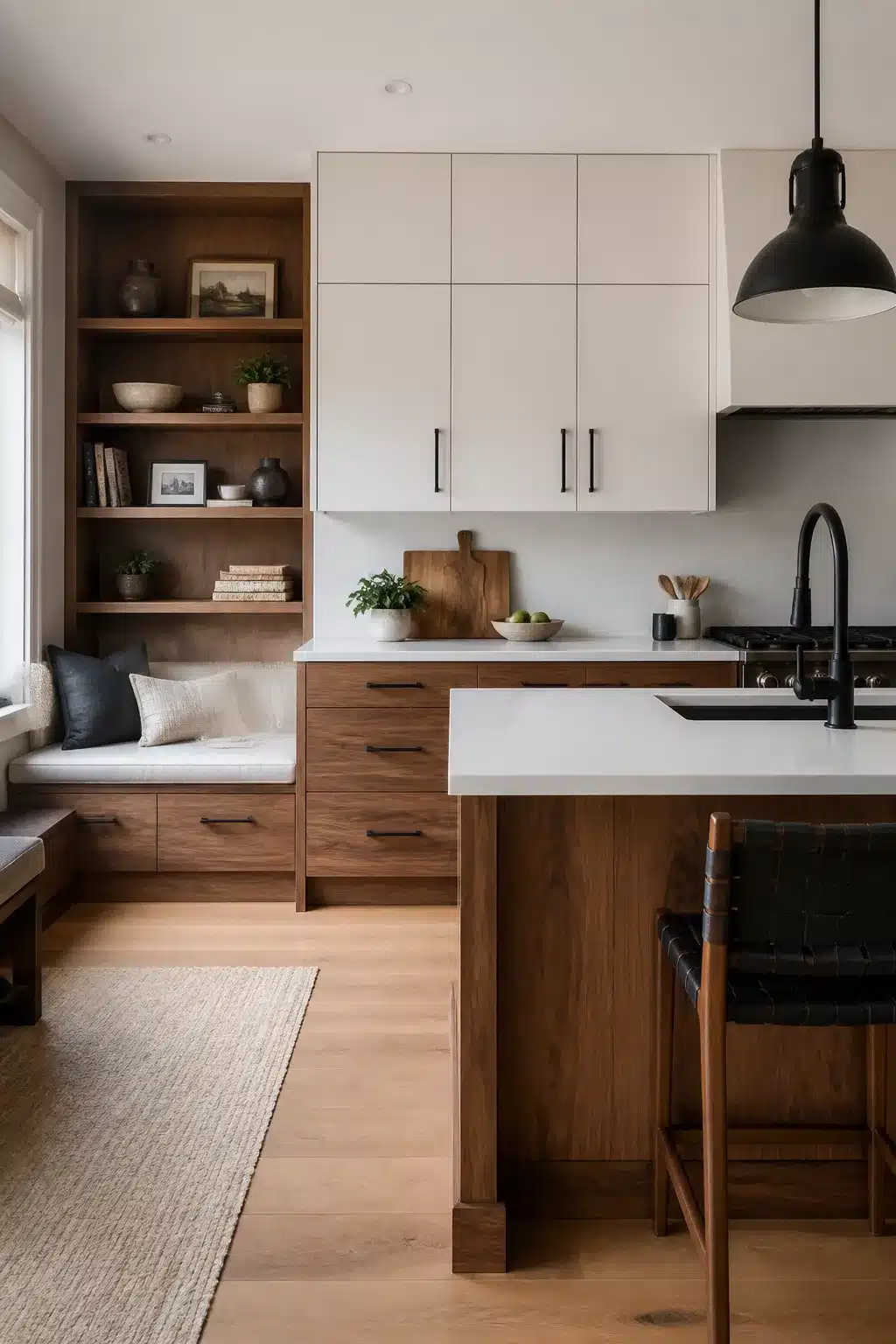 Wood kitchen with black hardware featuring walnut lower cabinets, white uppers, matte black faucet and pendant light
