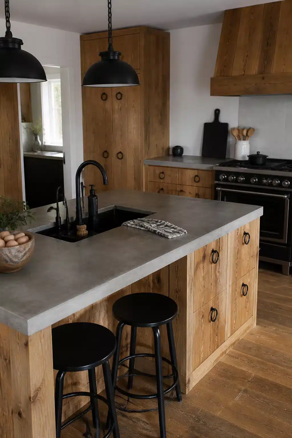 Rustic wood kitchen with black hardware, concrete island countertop, matte black ring pulls and undermount sink
