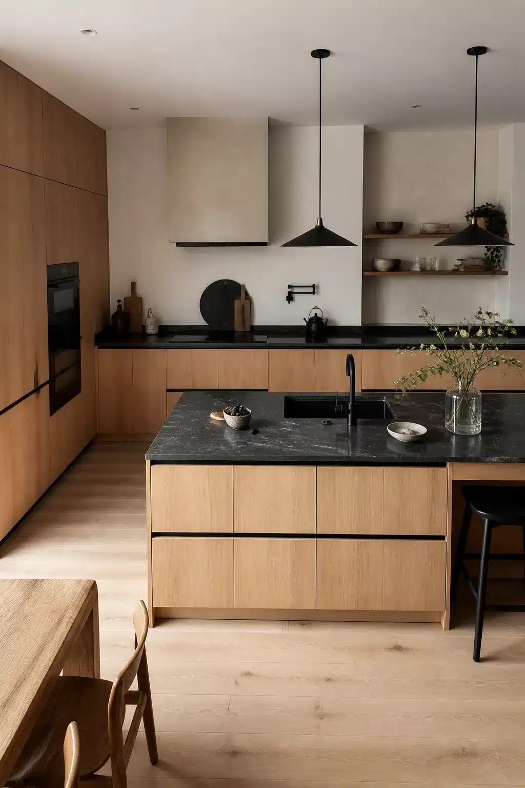 Flat-front oak wood kitchen with black stone counters, integrated pulls, and black pendant lights — wood kitchens with black hardware