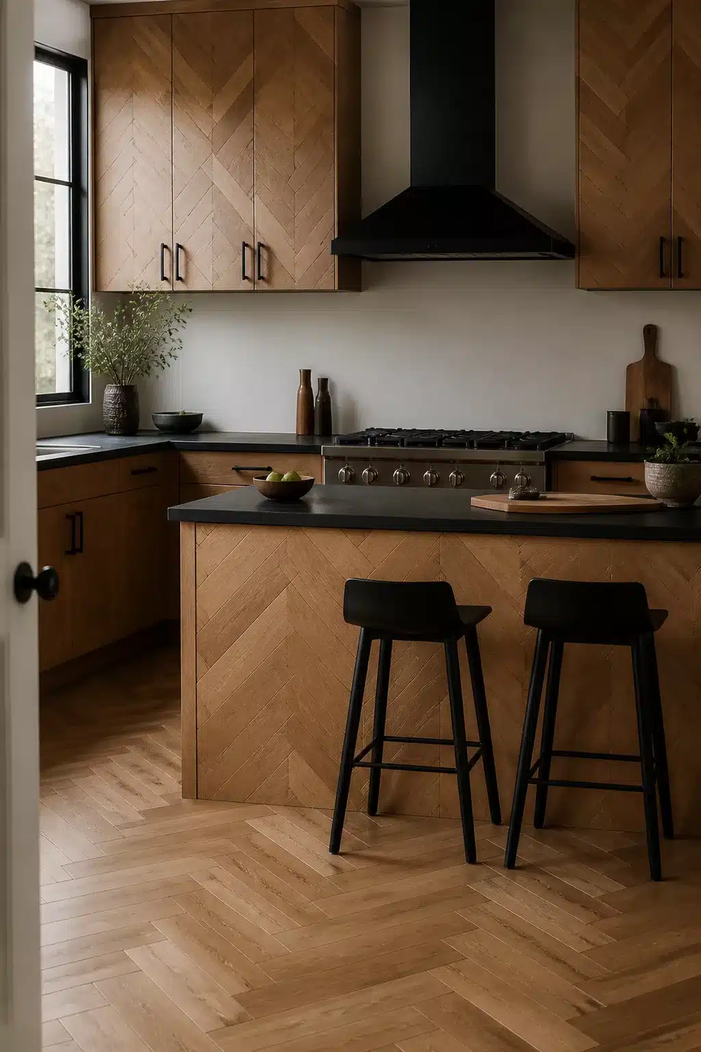 Wood kitchen with black hardware featuring herringbone oak floors and chevron cabinet fronts with dark countertops
