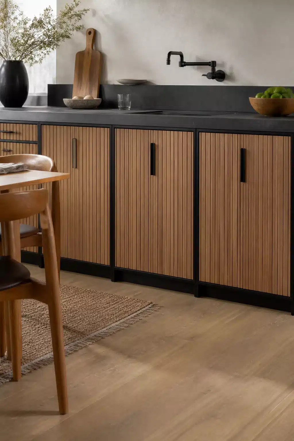Wood kitchen with black hardware featuring vertical slat cabinet doors, matte black frames, and dark stone countertop