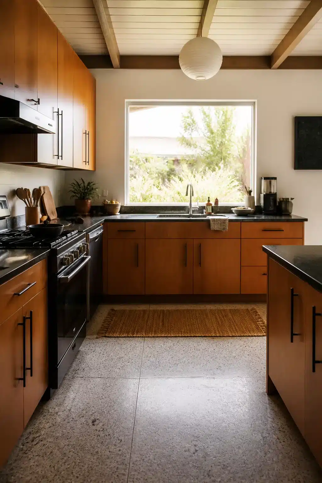 Mid-century wood kitchen with black hardware — teak cabinets, black granite counters, and exposed beam ceiling