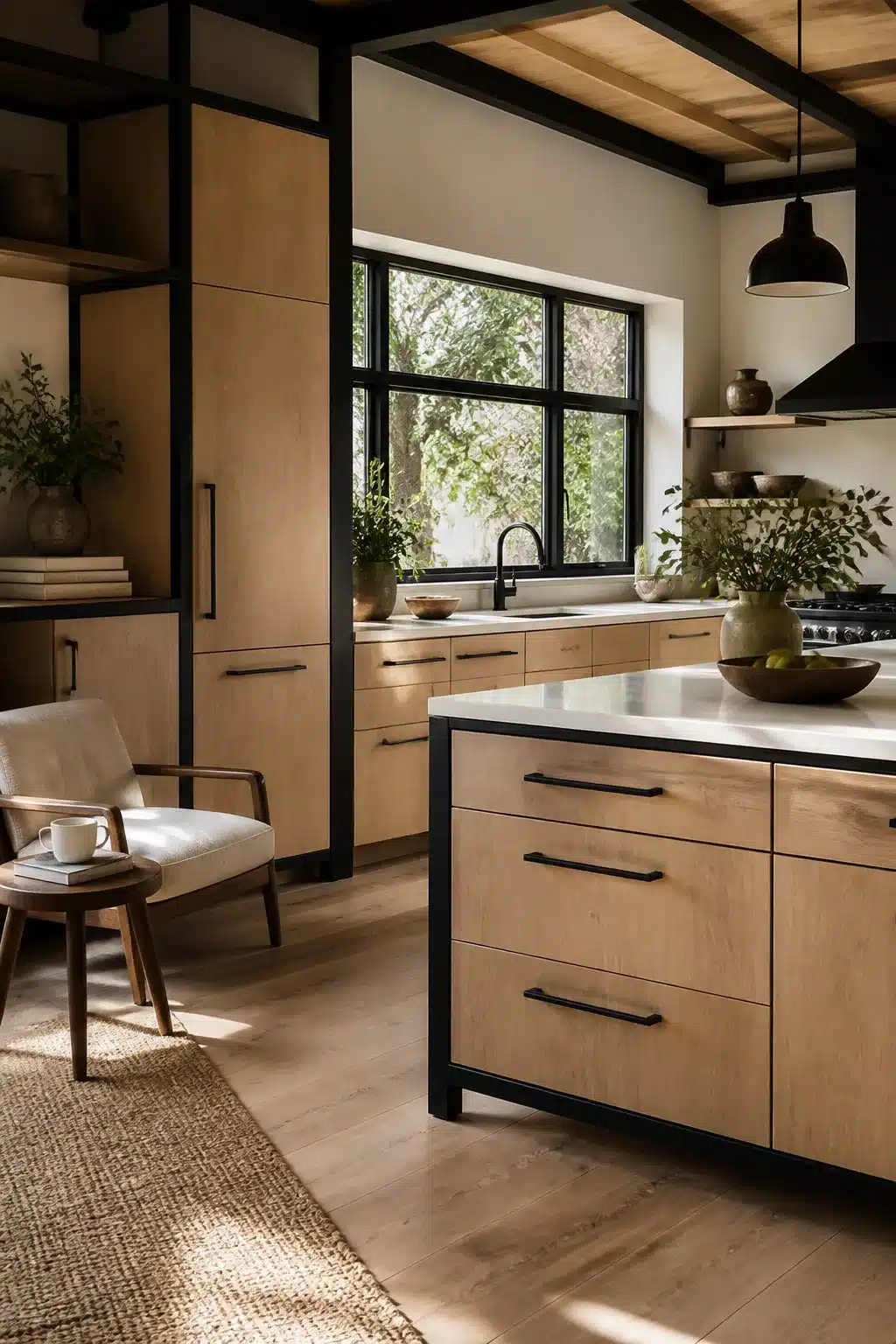 Limed oak wood kitchen with black steel frame, matte black hardware, and quartz island — Wood Kitchens With Black Hardware