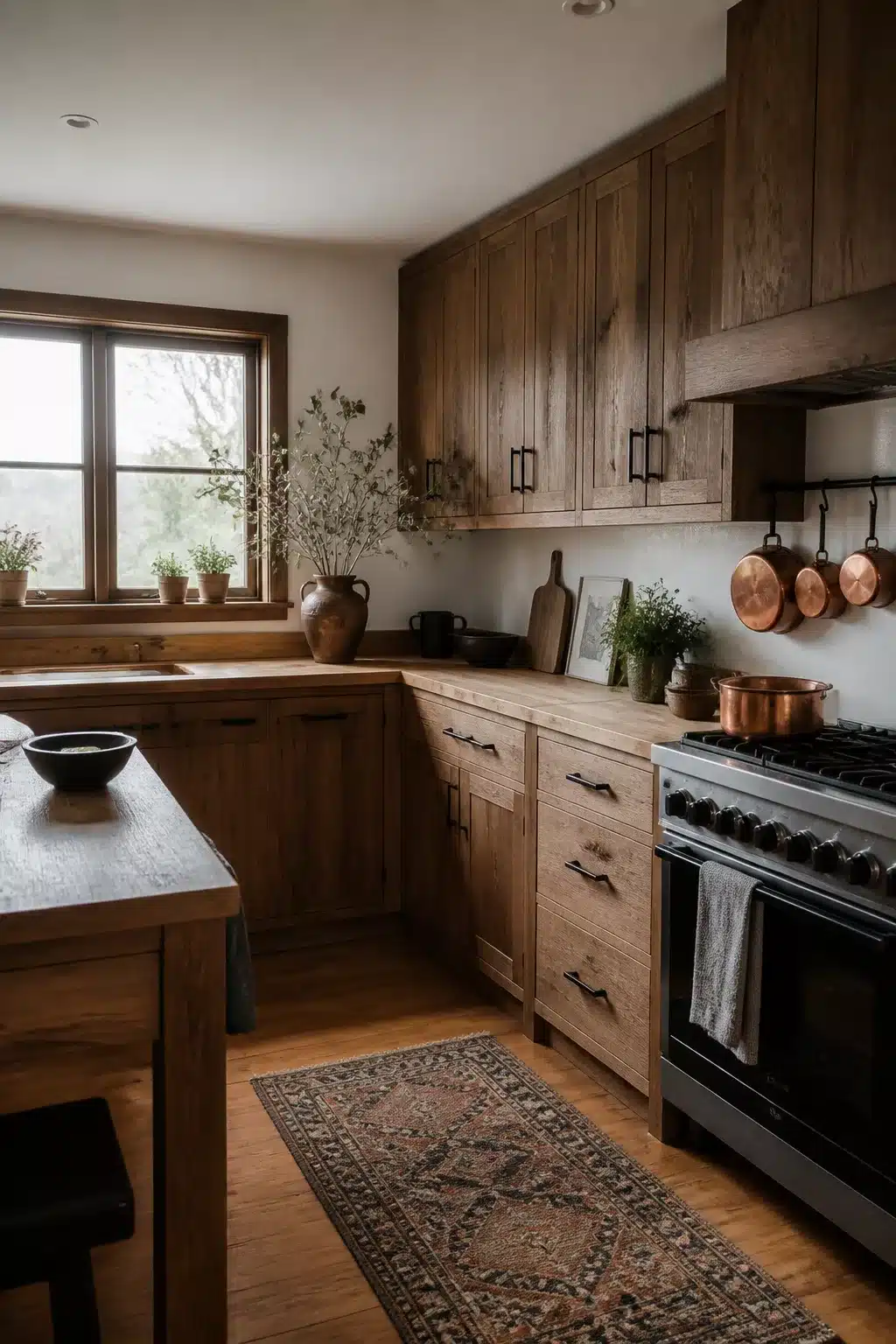 Rustic wood kitchen with black hardware, copper hanging pans, butcher block counters and vintage runner rug