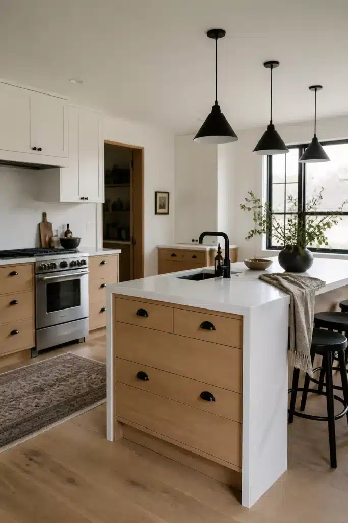 Wood kitchen with black hardware featuring a natural wood island base, white marble top, and matte black cone pendants